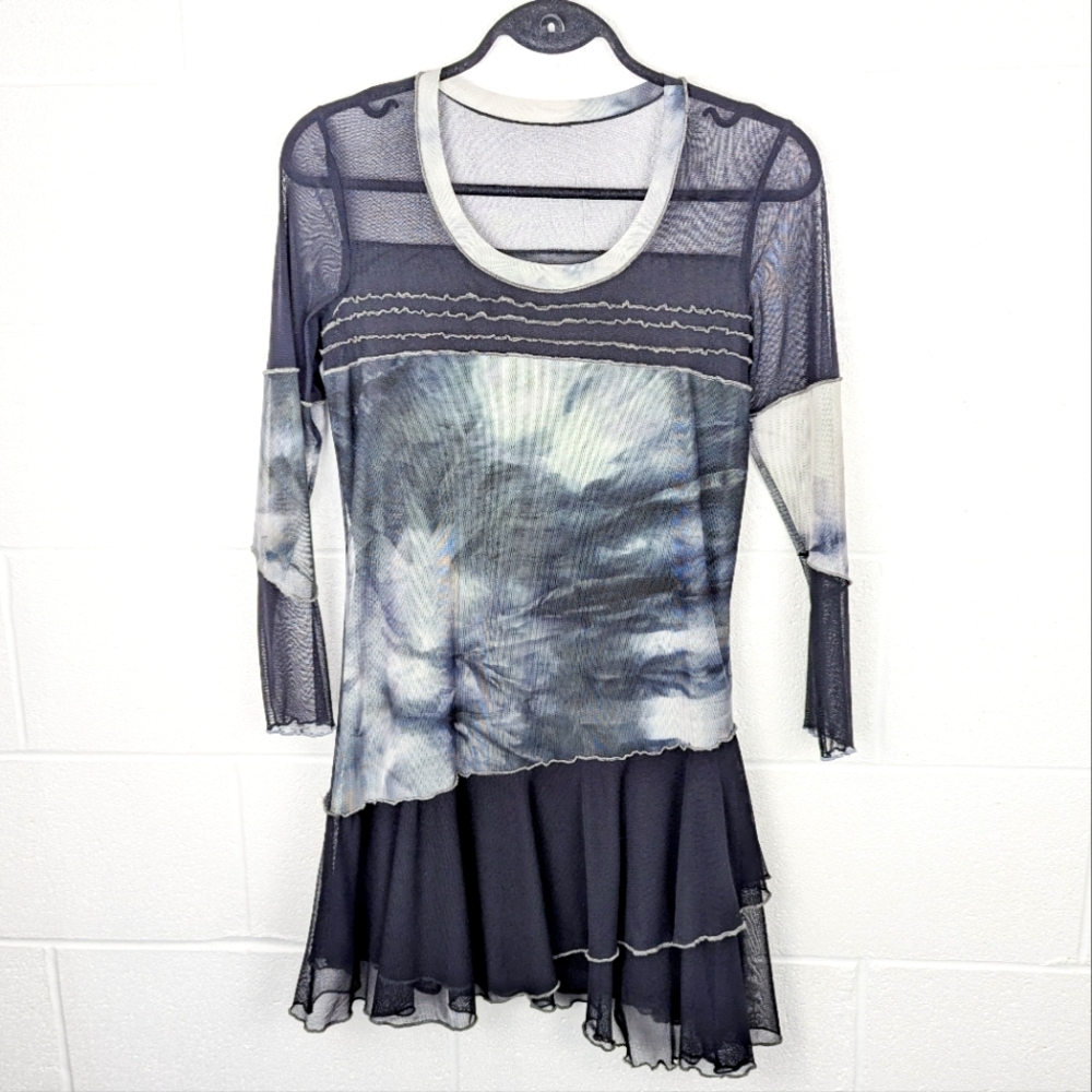 Papa Vancouver Tunic Mini Dress Black Grey Tye Dye Mesh Round Neck 3/4 Sleeve